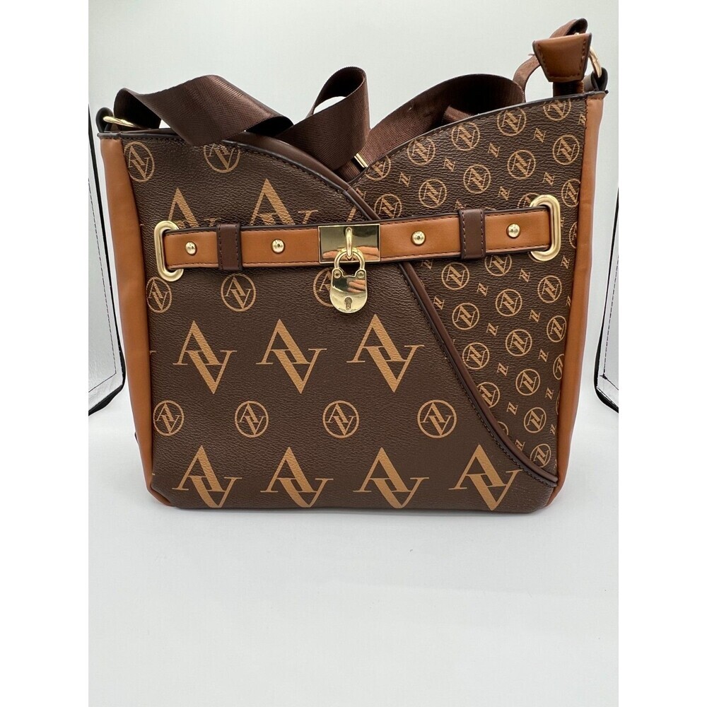 Adrienne Vittadini Brown Monogram Tote Bag Gold Lock Detail Shoulder Handbag Pur